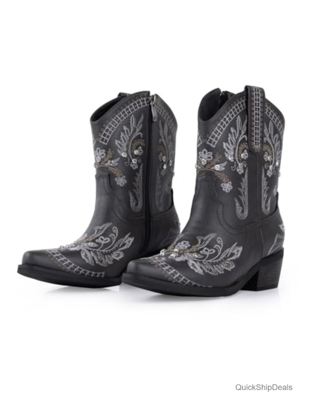 Rhinestone Embroidered Ankle Cowboy Boots Low Heel Side Zip Western